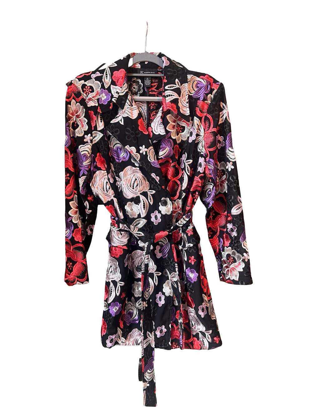 INC International Concepts Floral Embroidered Black Trench Coat Jacket with Belt